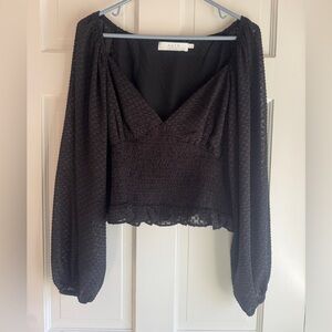 ASTR The Label Black Smocked Crop Top Sheer Long Sleeve Size M